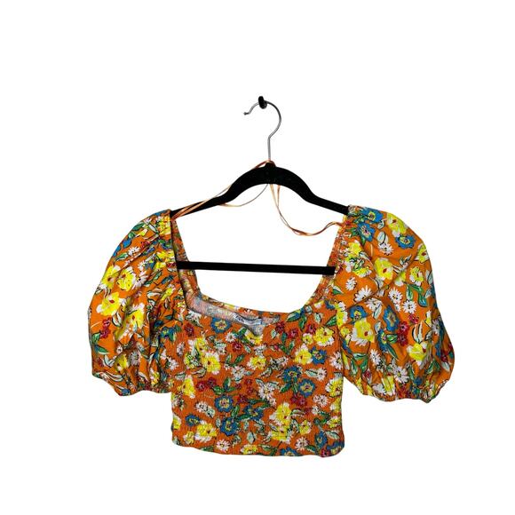 ZARA Floral Orange Crop Top Puffy Sleeve Women's Size Large - Picture 2 of 9